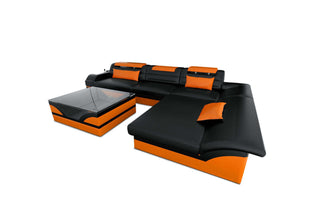 Mini Designer Ledersofa Monza L-Form – Eleganz Pur in Kunstleder und der Farbe Schwarz und Orange - Ausrichtung rechts