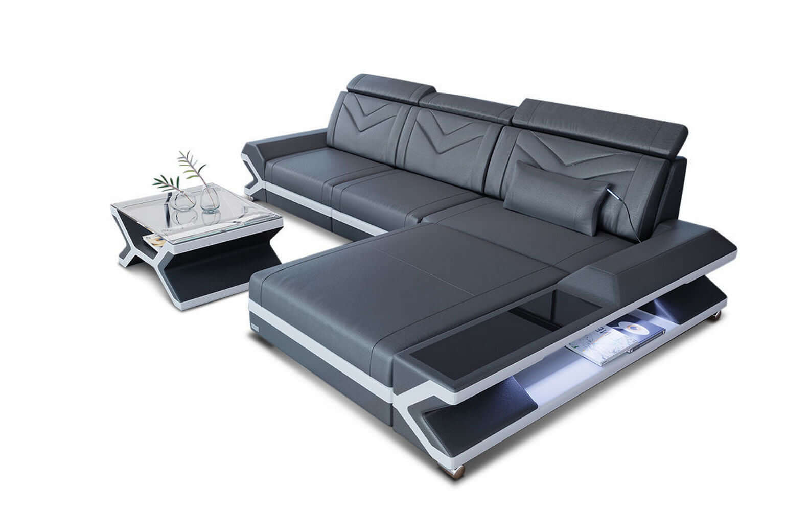 Mini Ecksofa Napoli L-Form aus Leder Grau-Weiß