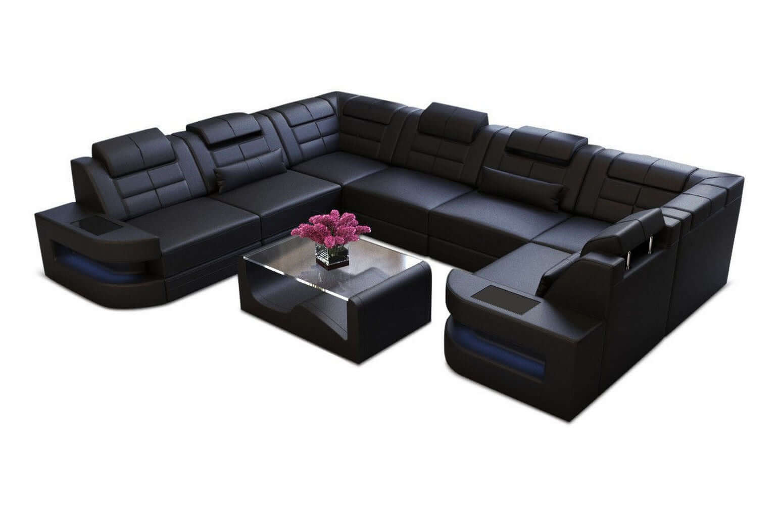 Mini Wohnlandschaft Como U-Form in Leder Schwarz