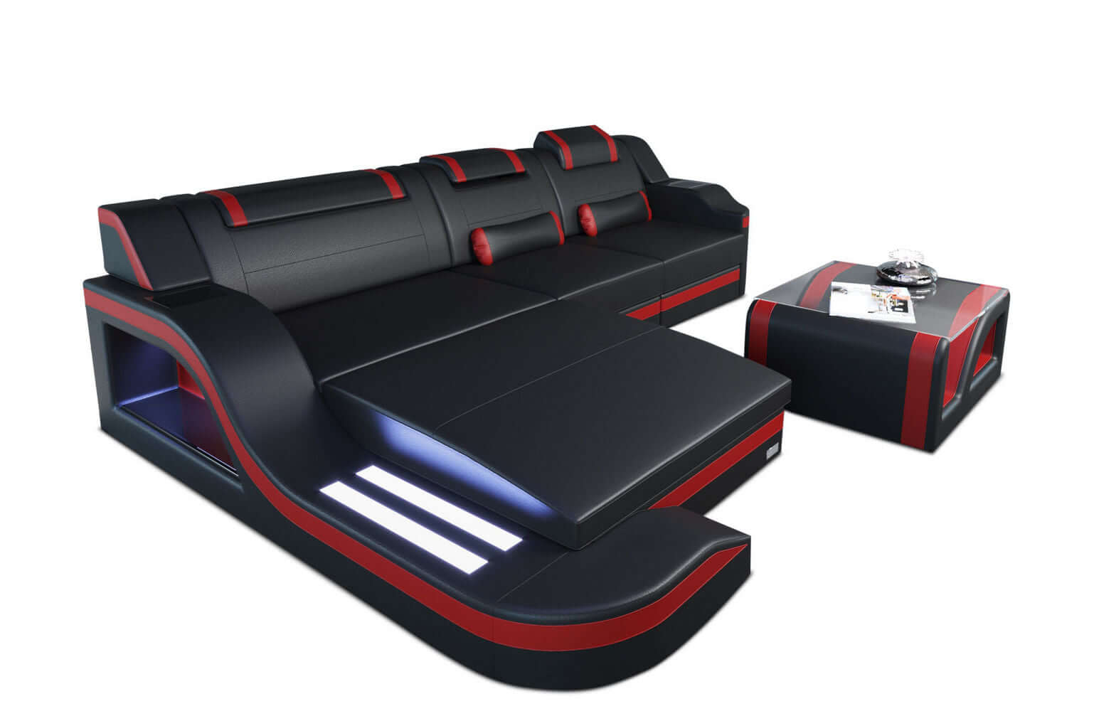 Mini Ecksofa Palermo L-Form aus Leder schwarz-rot