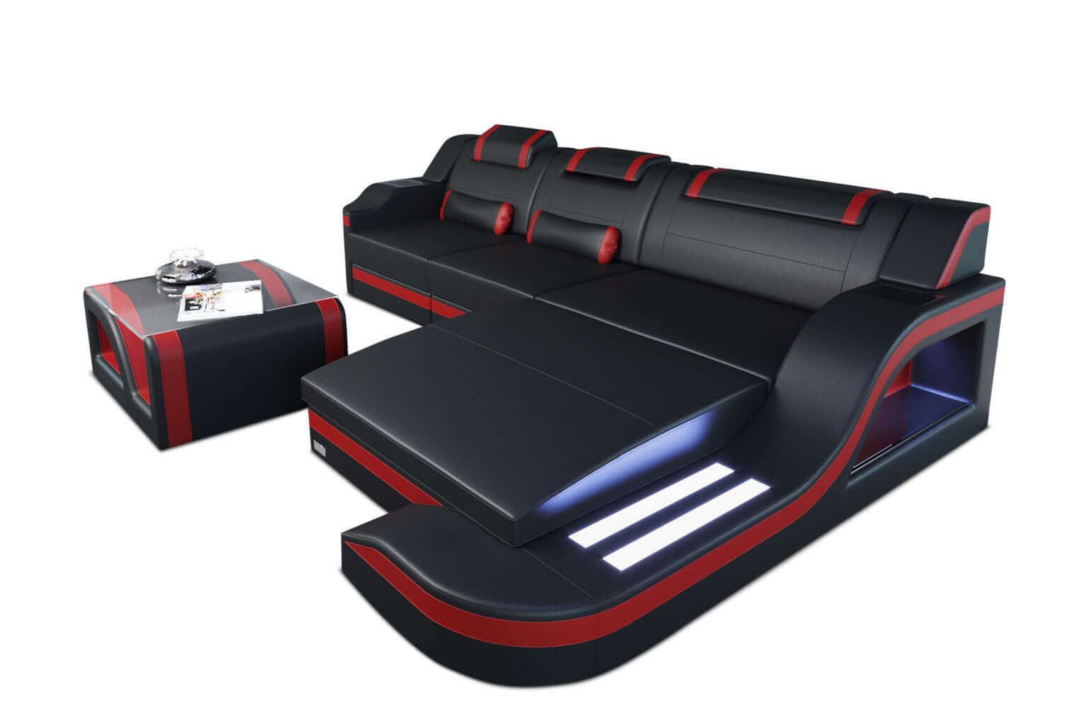 Mini Ecksofa Palermo L-Form aus Leder Schwarz-Rot