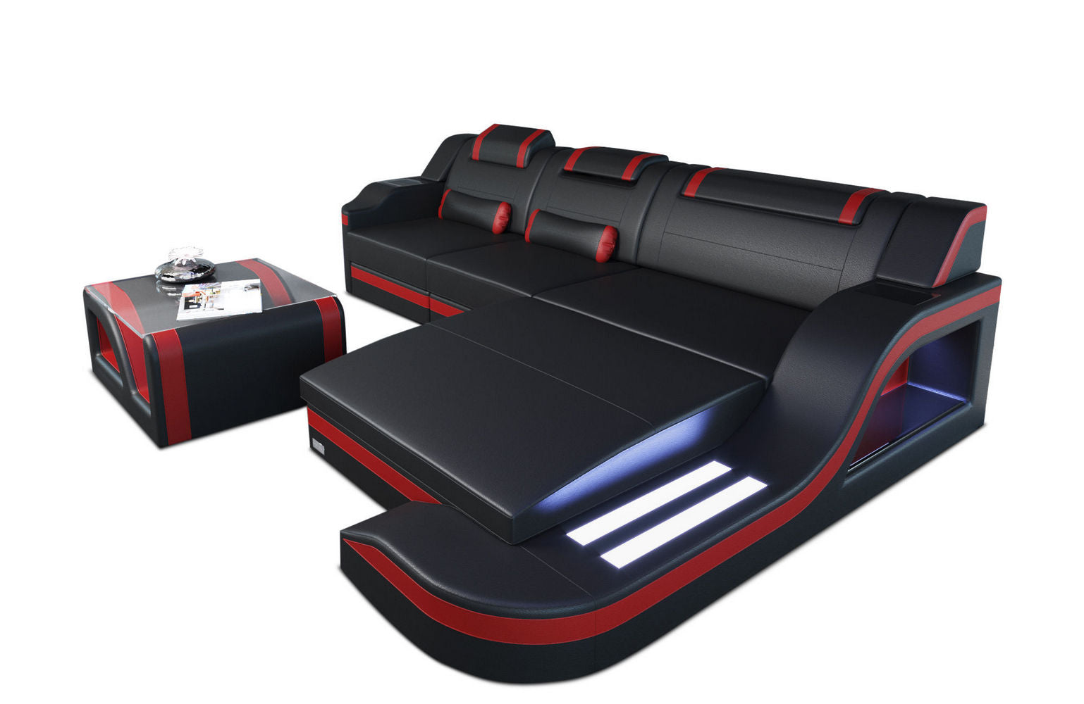 Design Ledersofa Palermo L-Form mit LED schwarz-rot