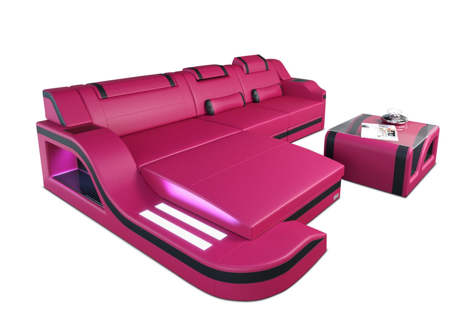 Design Ledersofa Palermo L-Form mit LED pink-schwarz