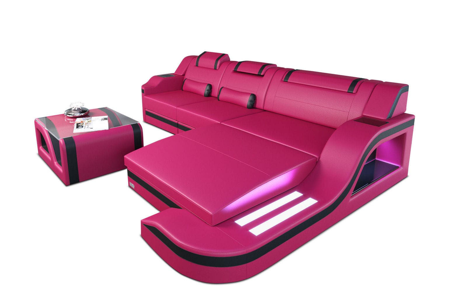 Design Ledersofa Palermo L-Form mit LED pink-schwarz