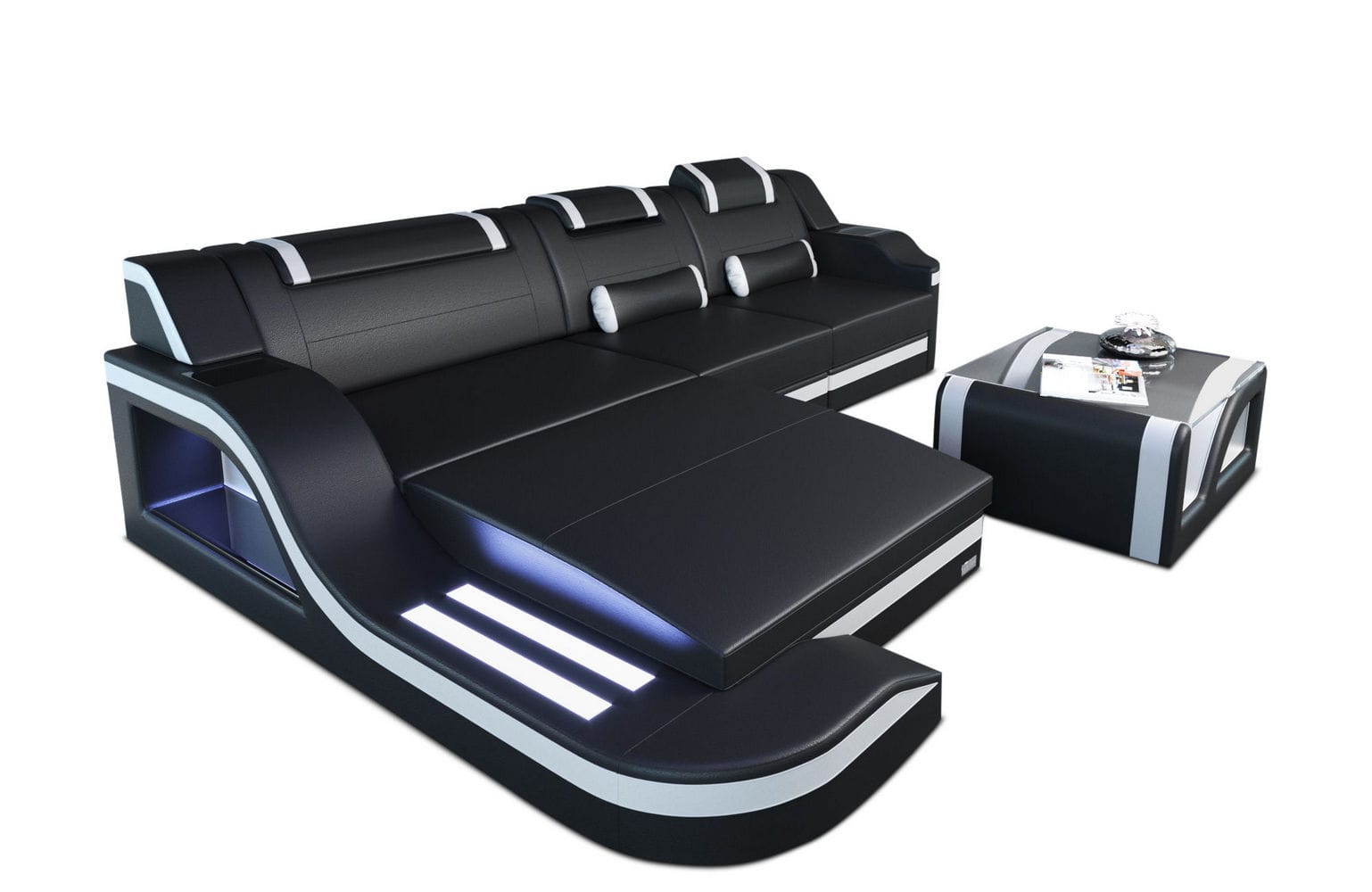 Design Ledersofa Palermo L-Form mit LED schwarz-weiß
