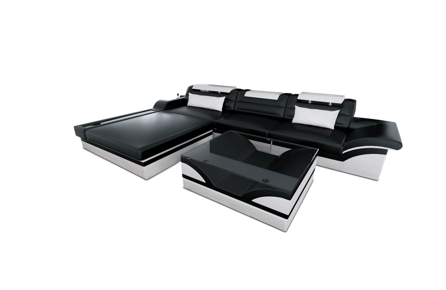 Designer Ledersofa Parma L-Form mit LED schwarz-weiß