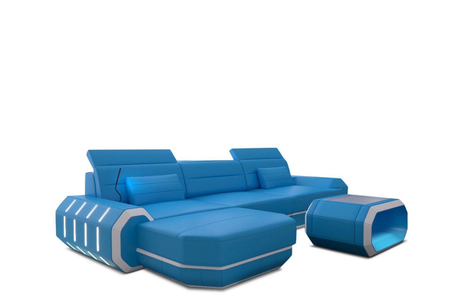 Designersofa Roma L-Form mit LED – Modern blau-weiß