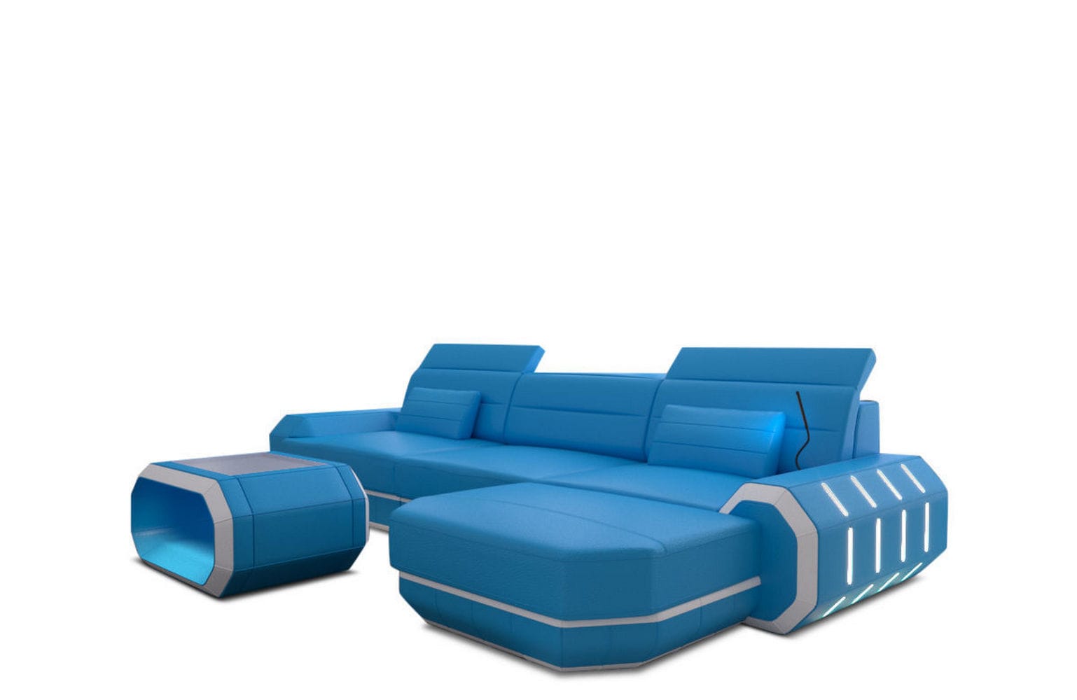 Designersofa Roma L-Form mit LED – Modern blau-weiß