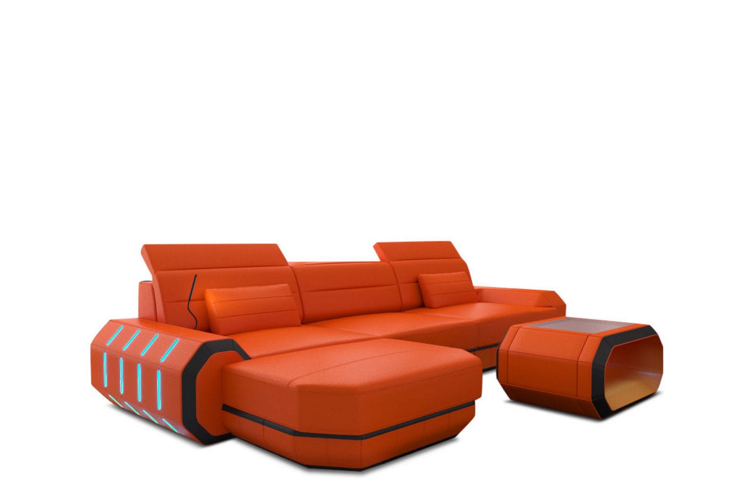 Designersofa Roma L-Form mit LED – Modern orange-schwarz