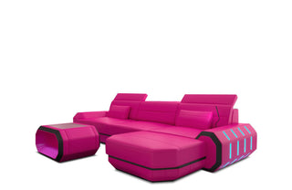 Designersofa Roma L-Form mit LED – Modern in Pink und Schwarz aus Kunstleder mit Ottomane Rechts für Wohnzimmer