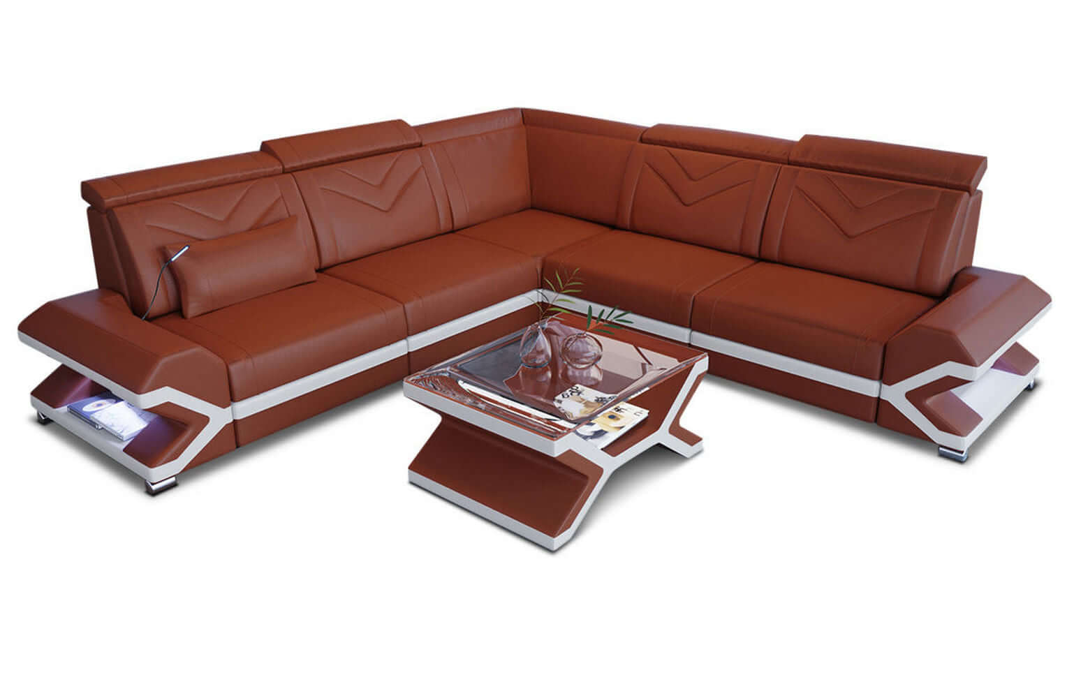 Mini Ecksofa Sorrento – Stilvolles Ledersofa Hellbraun-Weiß