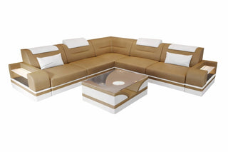 Ecksofa Trivento aus Leder in Kunstleder und der Farbe Sandbeige und Weiß