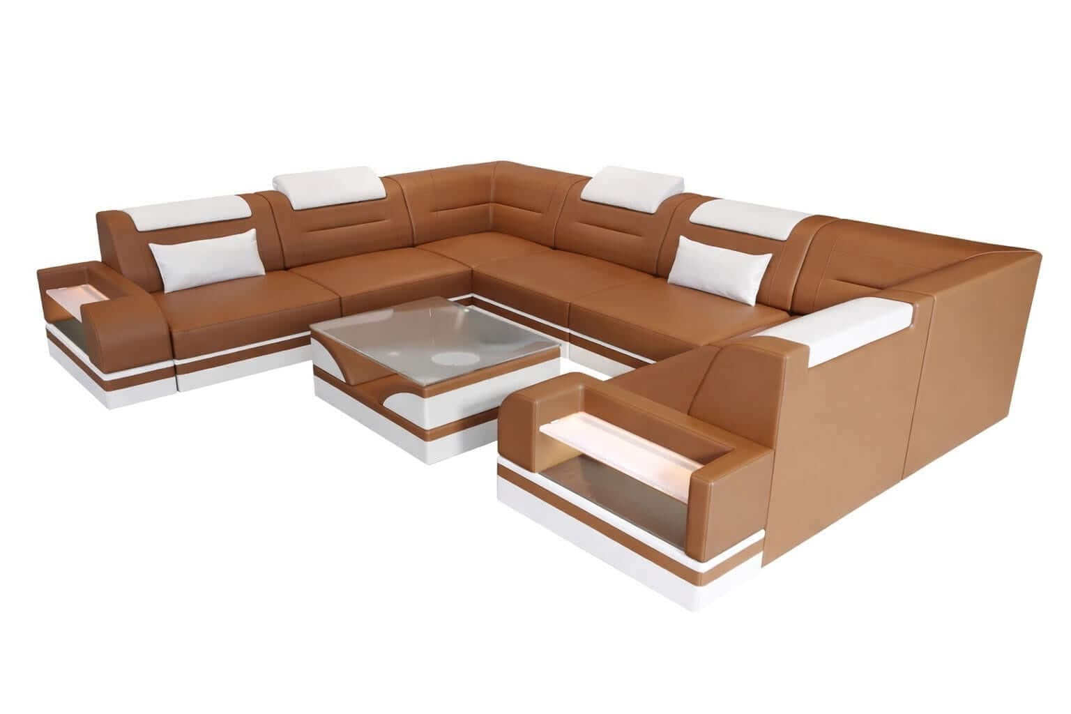 Mini Leder Wohnlandschaft Trivento – Modern und Elegant Hellbraun-Weiß