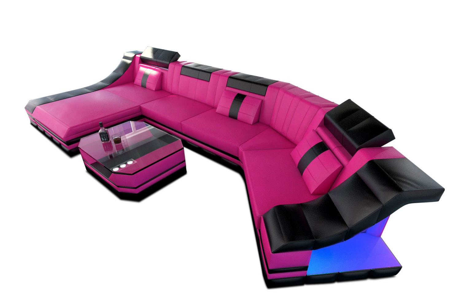 Luxus Wohnlandschaft Turino C-Form mit LED pink-schwarz