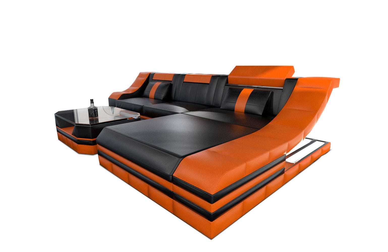 Couch Turino L Form in Leder schwarz-orange