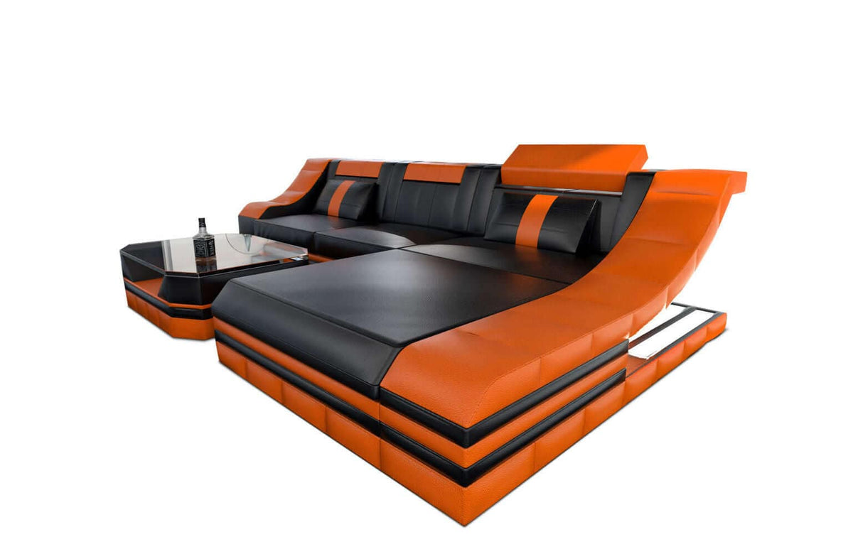 Mini Couch Turino L-Form in Leder Schwarz-Orange