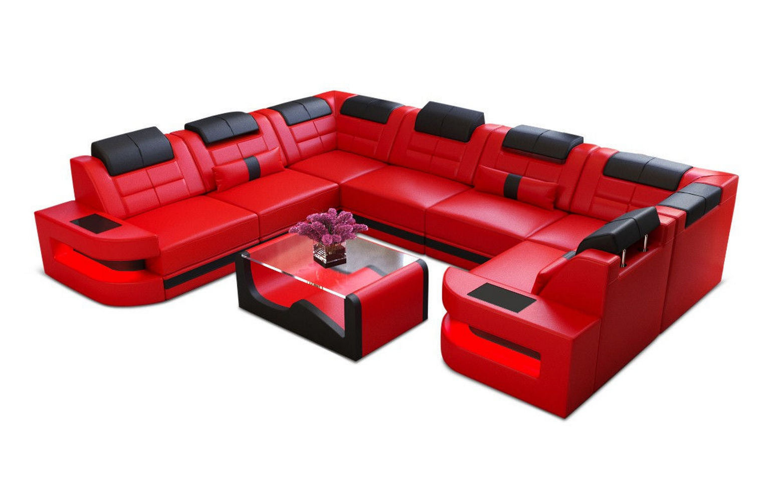 Leder Couch Como U Form mit Beleuchtung – Modern & Stilvoll rot-schwarz