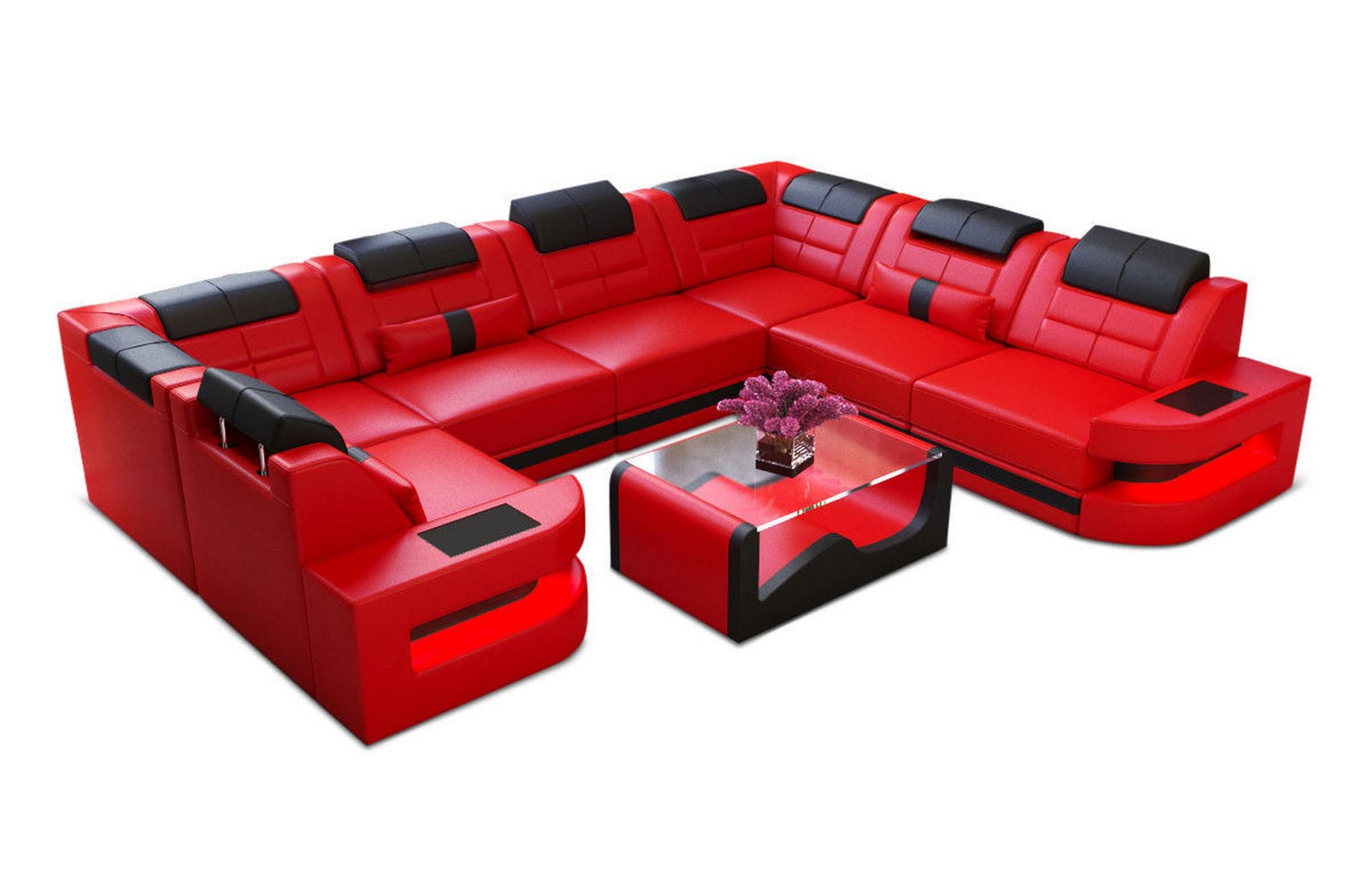 Leder Couch Como U Form mit Beleuchtung – Modern & Stilvoll rot-schwarz