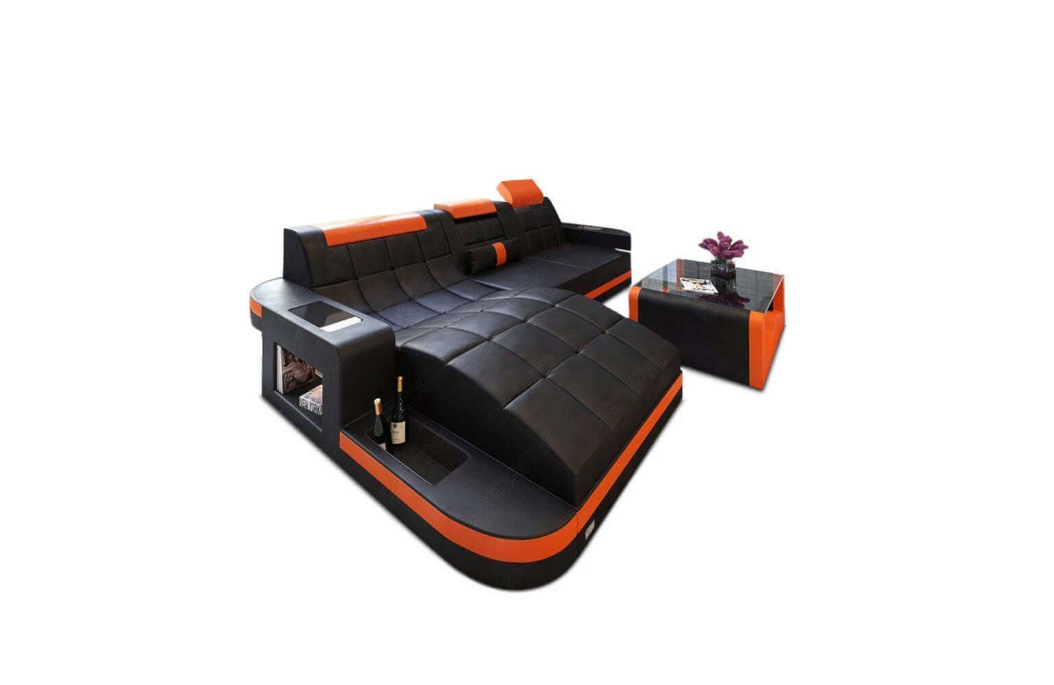 Mini Ecksofa Wave L-Form aus Leder Schwarz-Orange