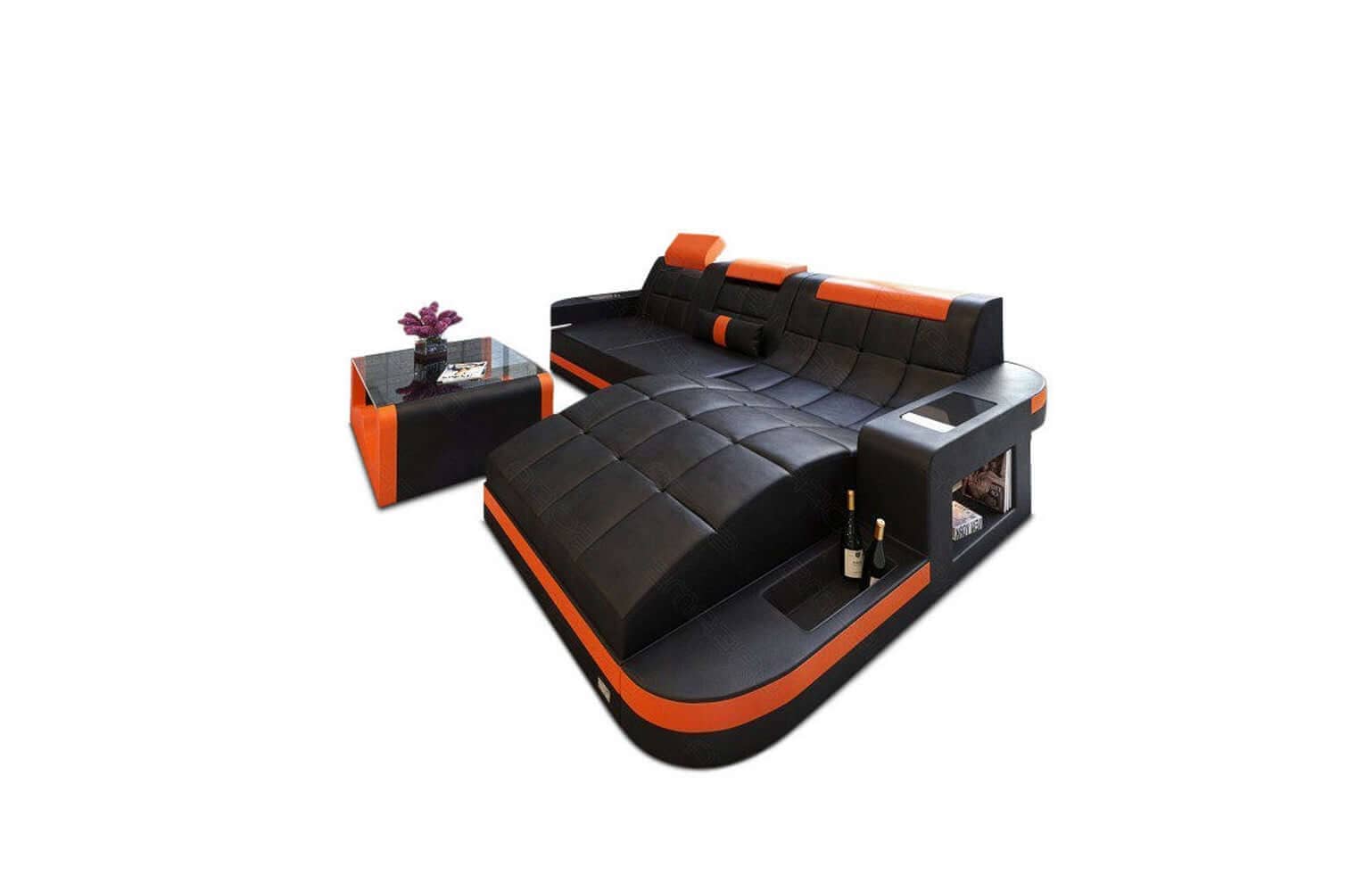 Mini Design Ledersofa Wave L-Form mit LED Schwarz-Orange
