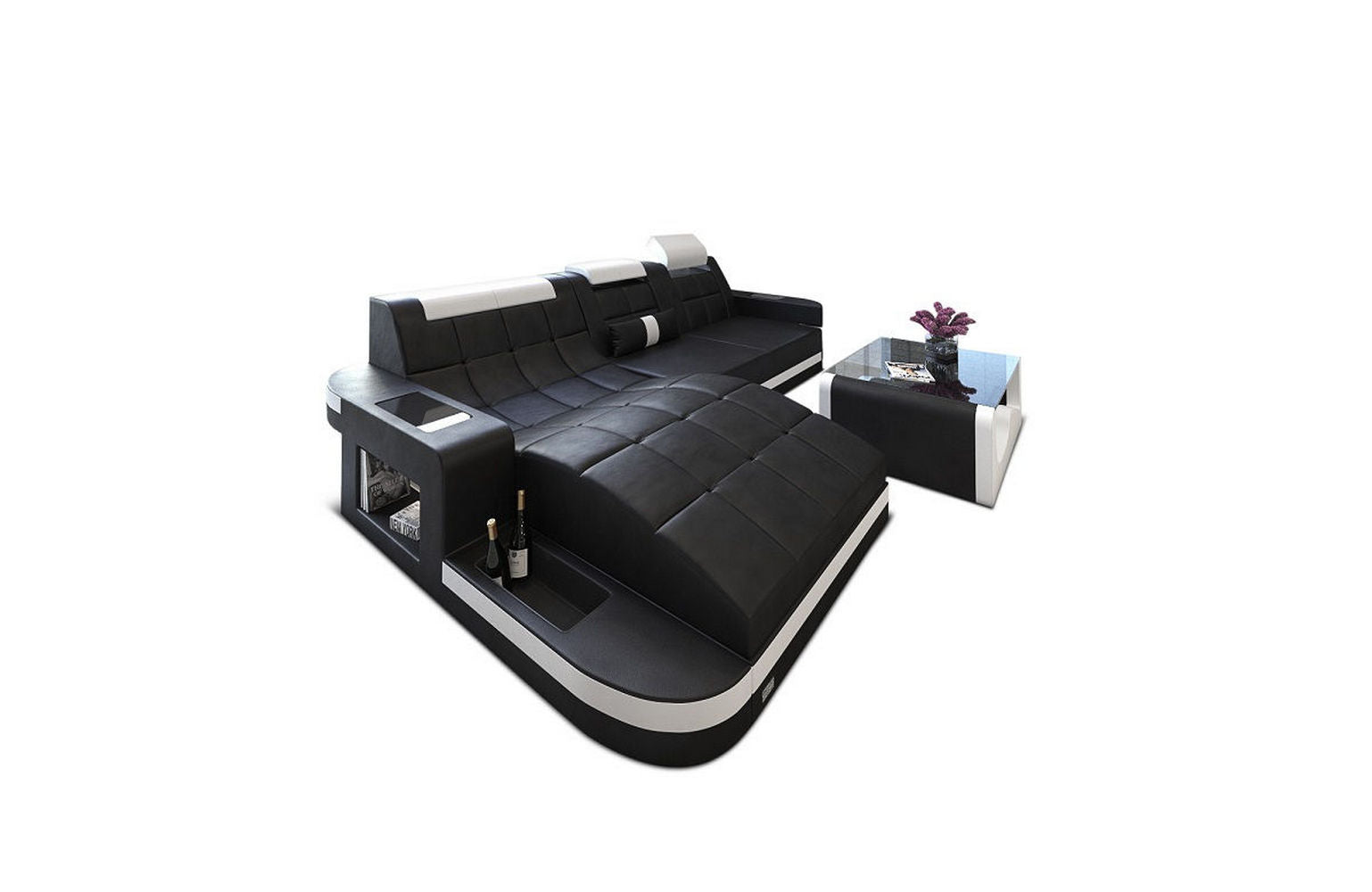 Mini Design Ledersofa Wave L-Form mit LED Schwarz-Weiß