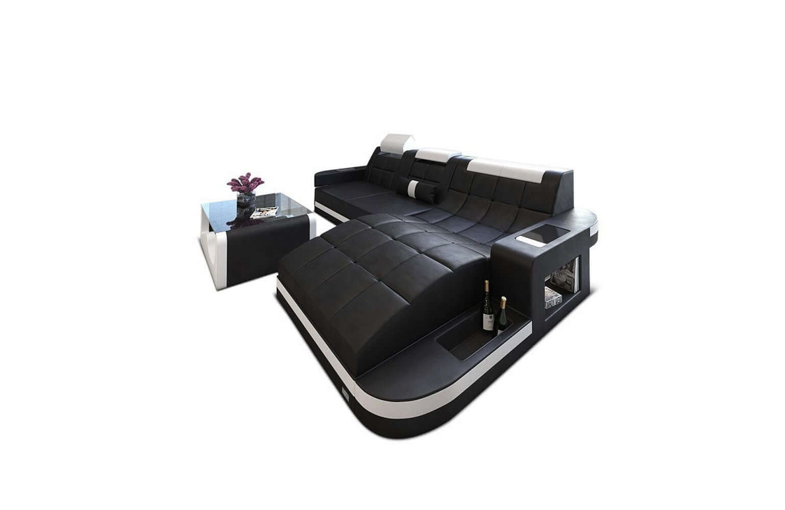 Mini Ecksofa Wave L Form aus Leder schwarz-weiß