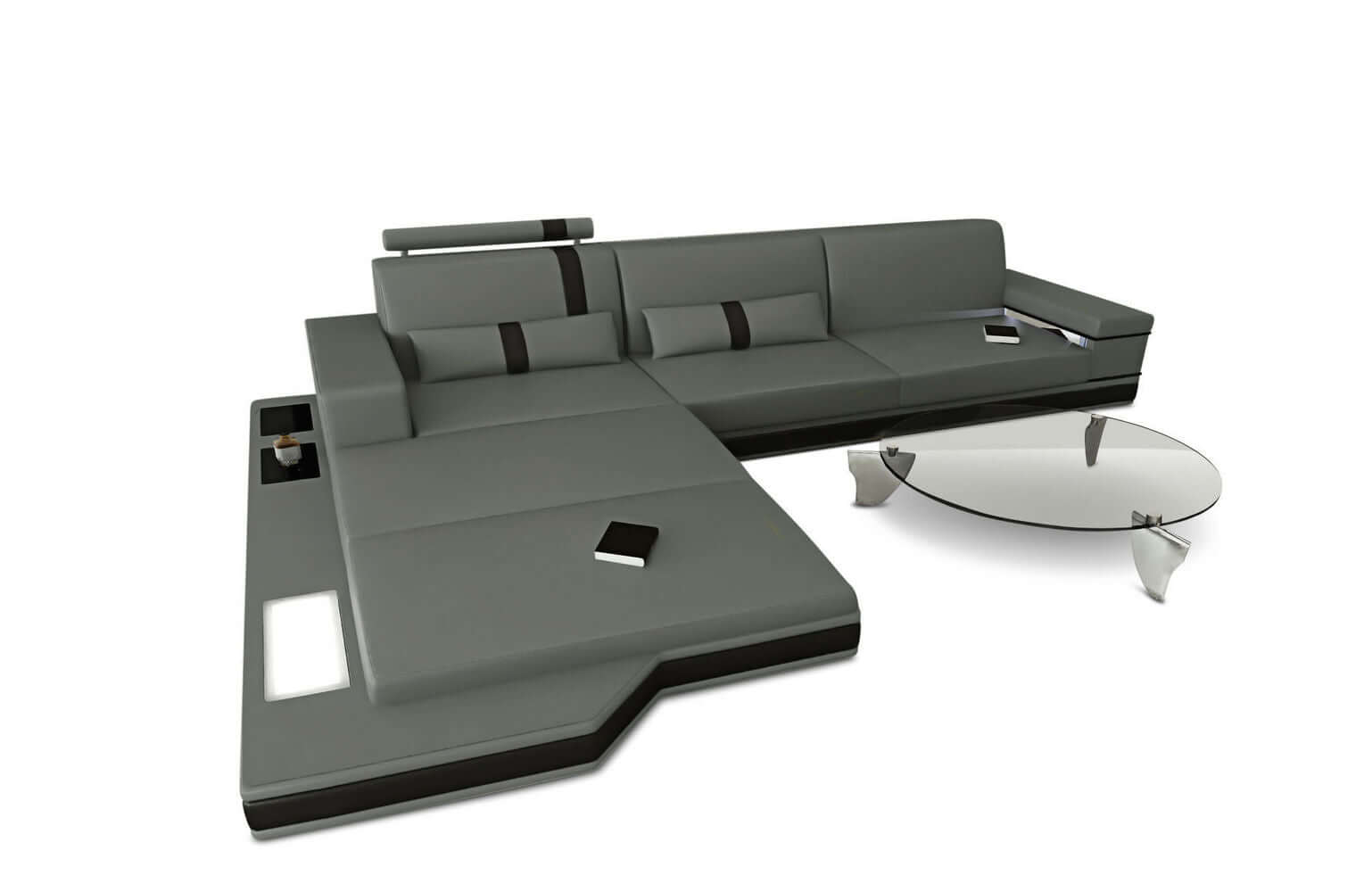 Mini Ecksofa Messana L-Form aus Leder Grau-Schwarz