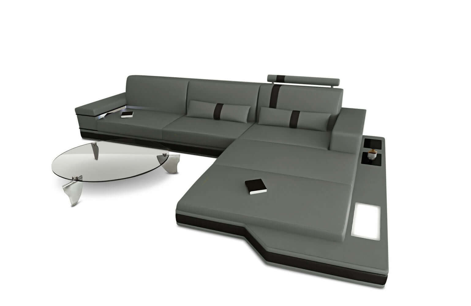 Mini Ecksofa Messana L Form aus Leder grau-schwarz