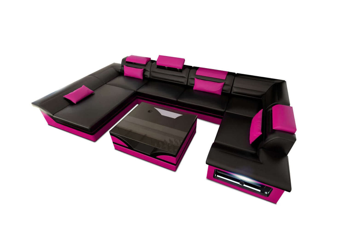 Mini Sofa Enzo U-Form in Leder Schwarz-Pink