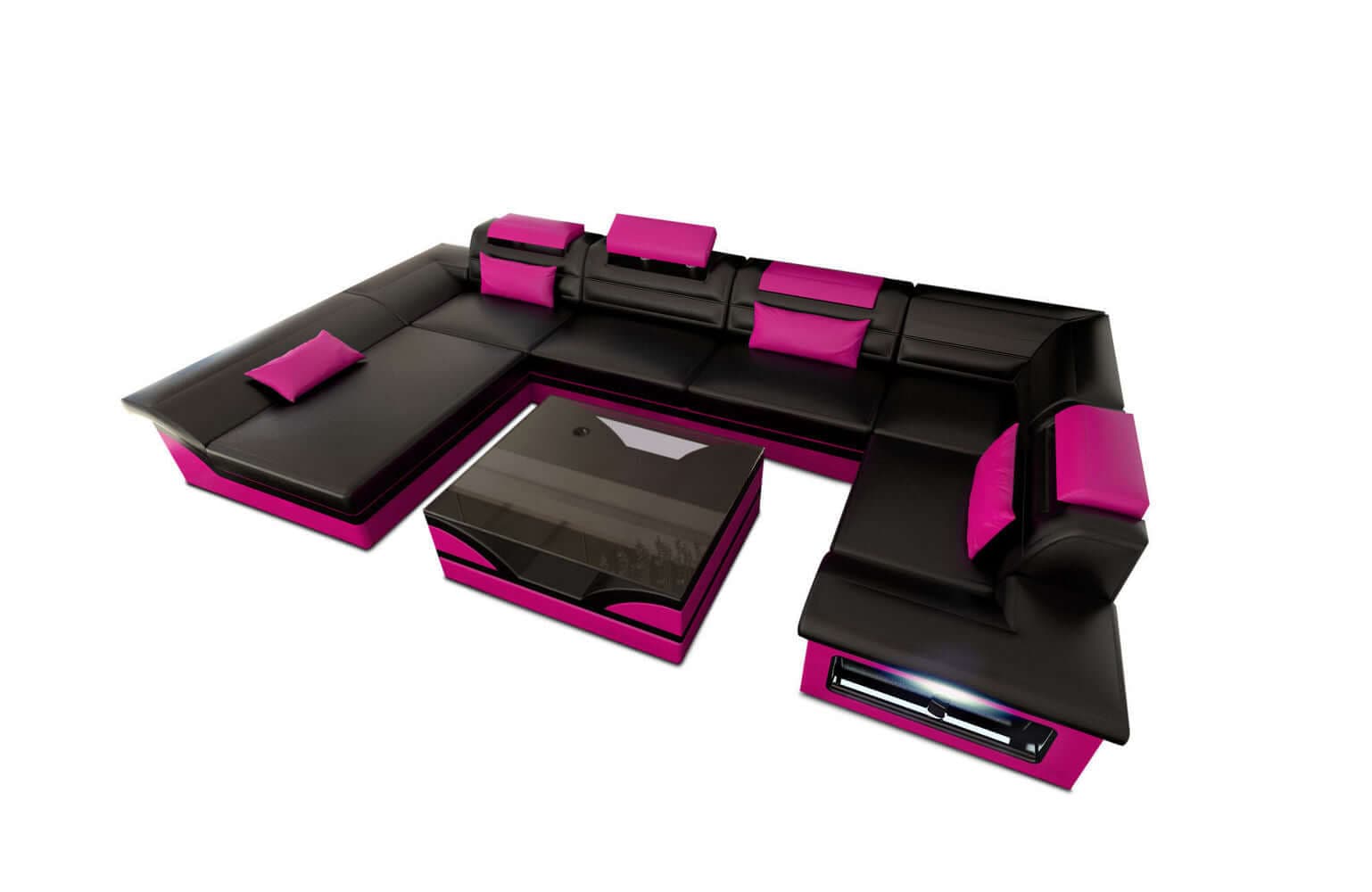 Mini Sofa Enzo U-Form in Leder Schwarz-Pink