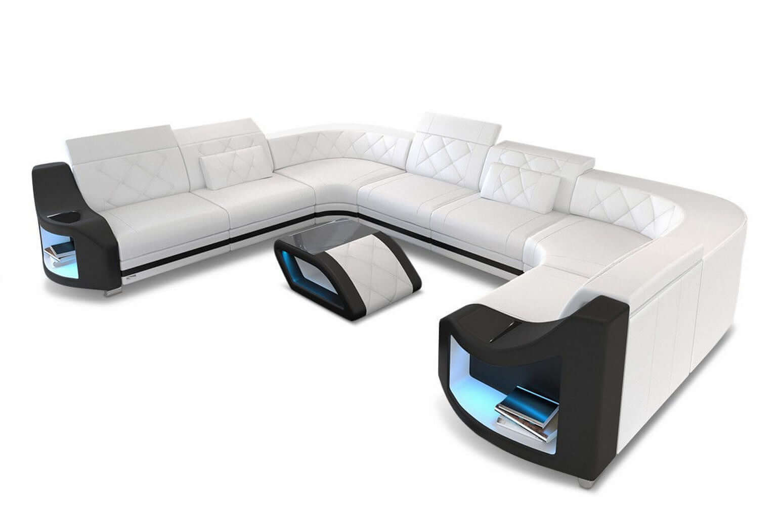 Mini Sofa Genua U-Form aus Leder Weiß-Schwarz