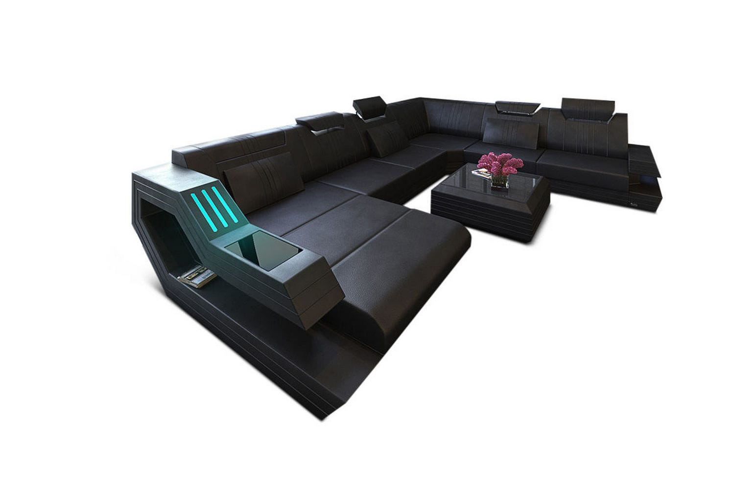 Ledersofa Wohnlandschaft Ravenna XL mit LED schwarz