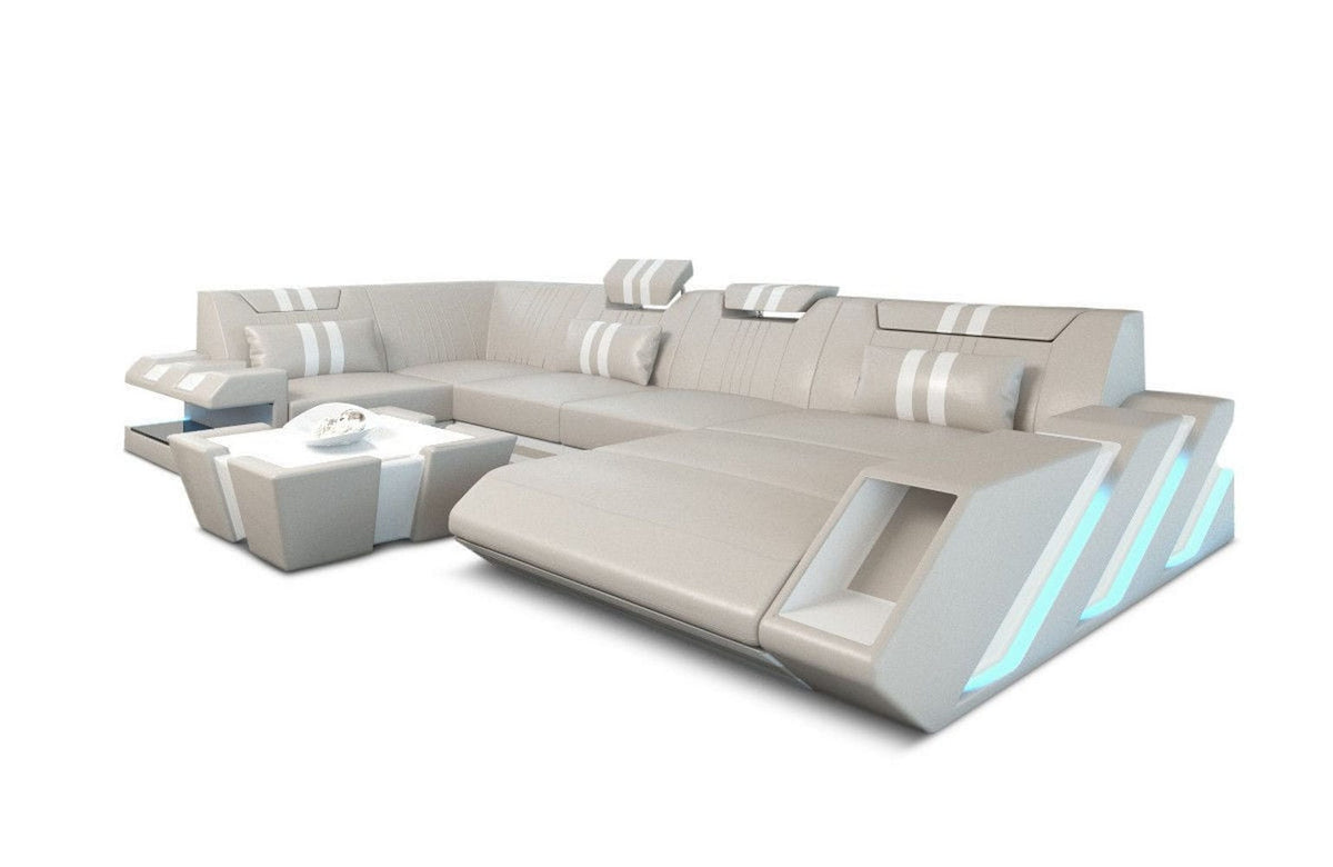 Wohnlandschaft Couch Apollonia U-Form in Leder beige-weiß