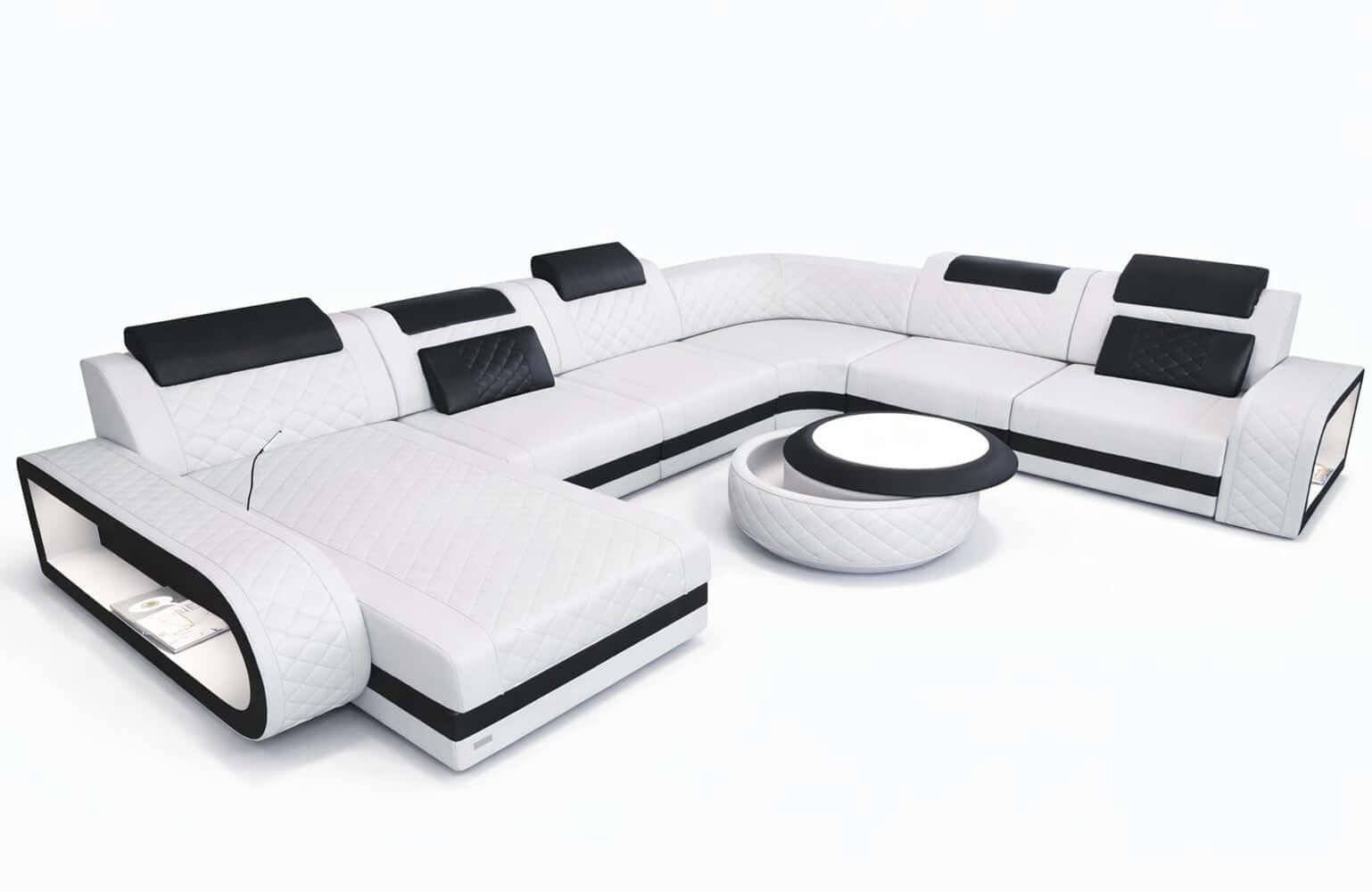 Mini XXL Wohnlandschaft Berlin U-Form aus Leder Weiß-Schwarz