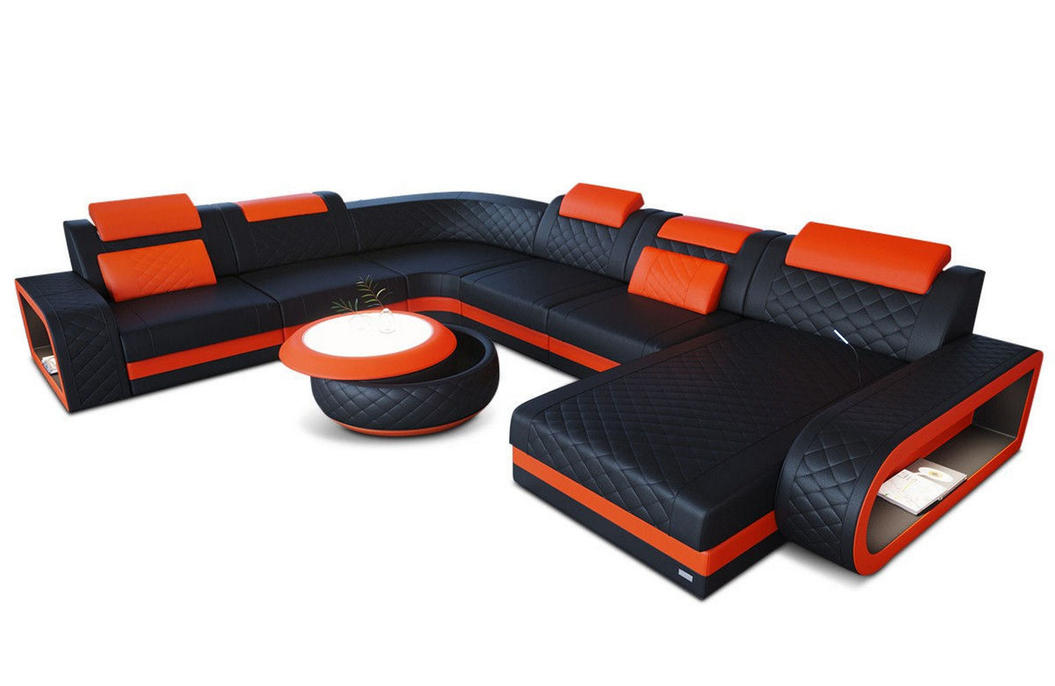 Mini XXL Wohnlandschaft Berlin Leder Schwarz-Orange