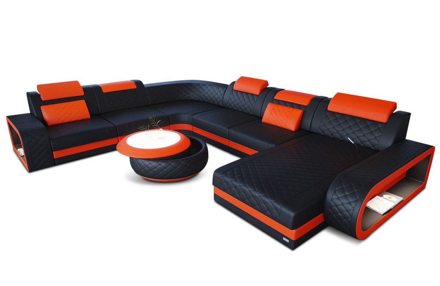 XXL Wohnlandschaft Berlin – Leder Sofa schwarz-orange
