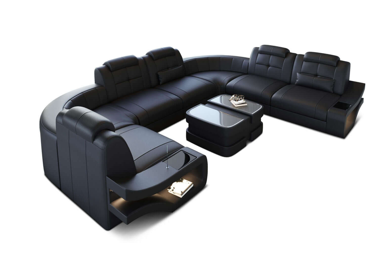 Leder Wohnlandschaft Elena U Form Mini Schwarz