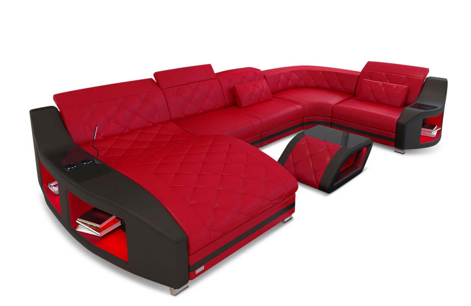 Mini Wohnlandschaft Swing U-Form in Leder Rot-Schwarz