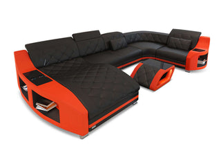 Mini Leder Wohnlandschaft Swing U-Form – Modern & Bequem in Kunstleder und der Farbe Schwarz und Orange - Ausrichtung links