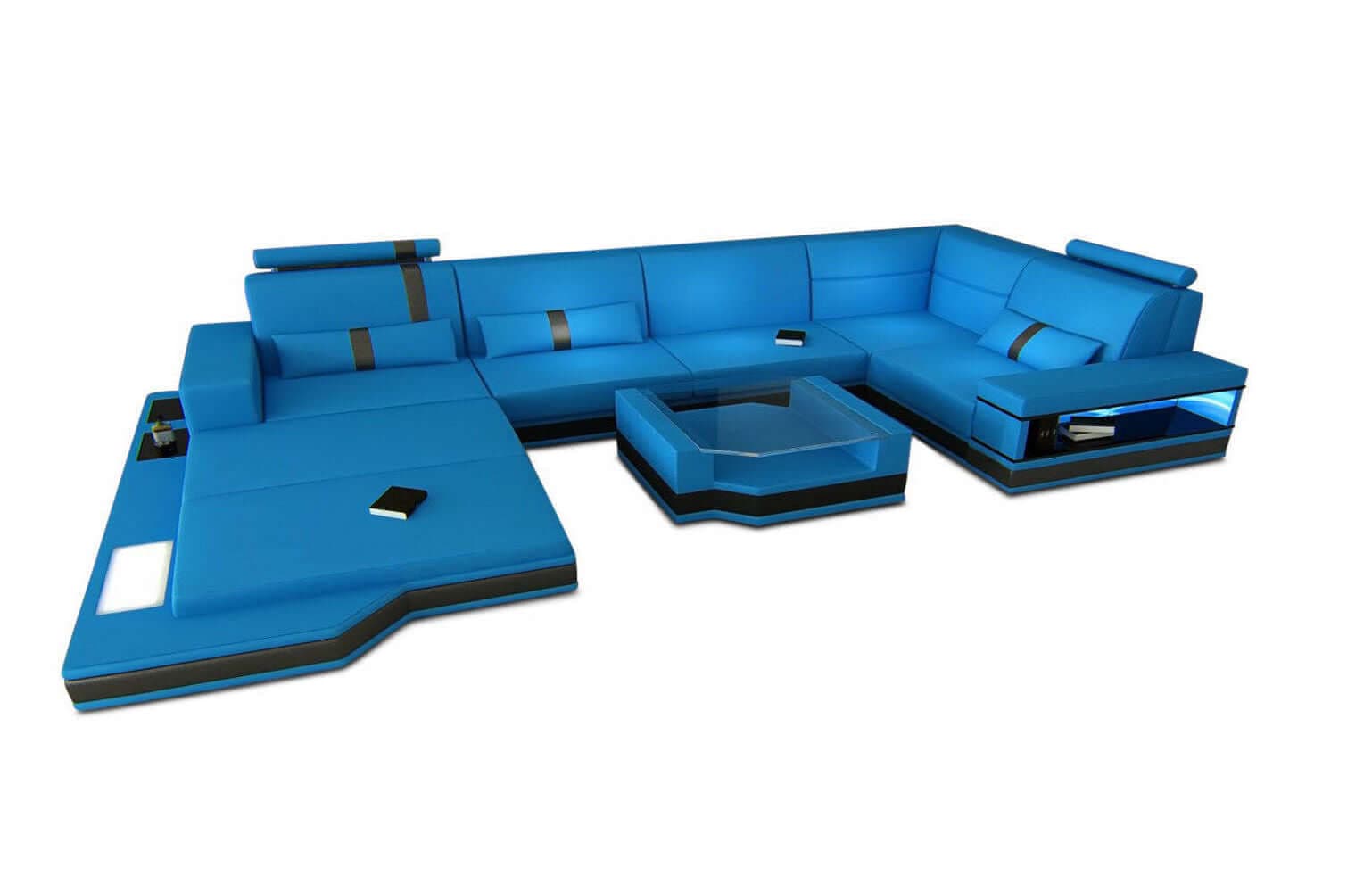 Mini Sofa Messana U-Form in Leder Blau-Schwarz