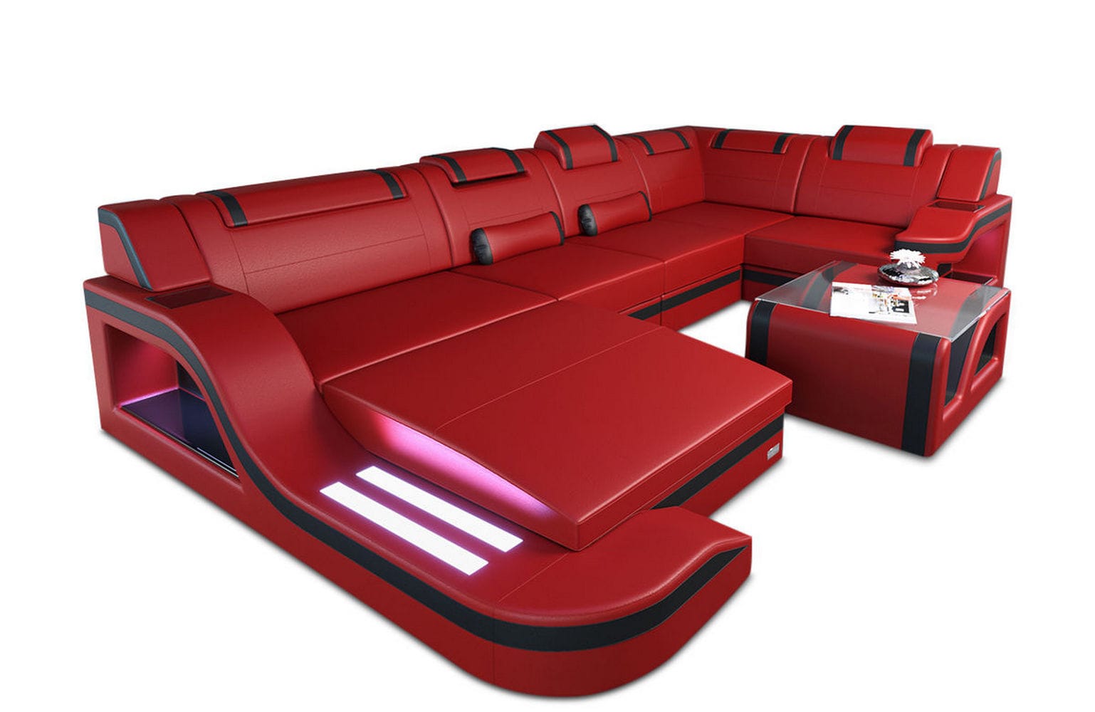 Design Wohnlandschaft Palermo U-Form mit LED rot-schwarz