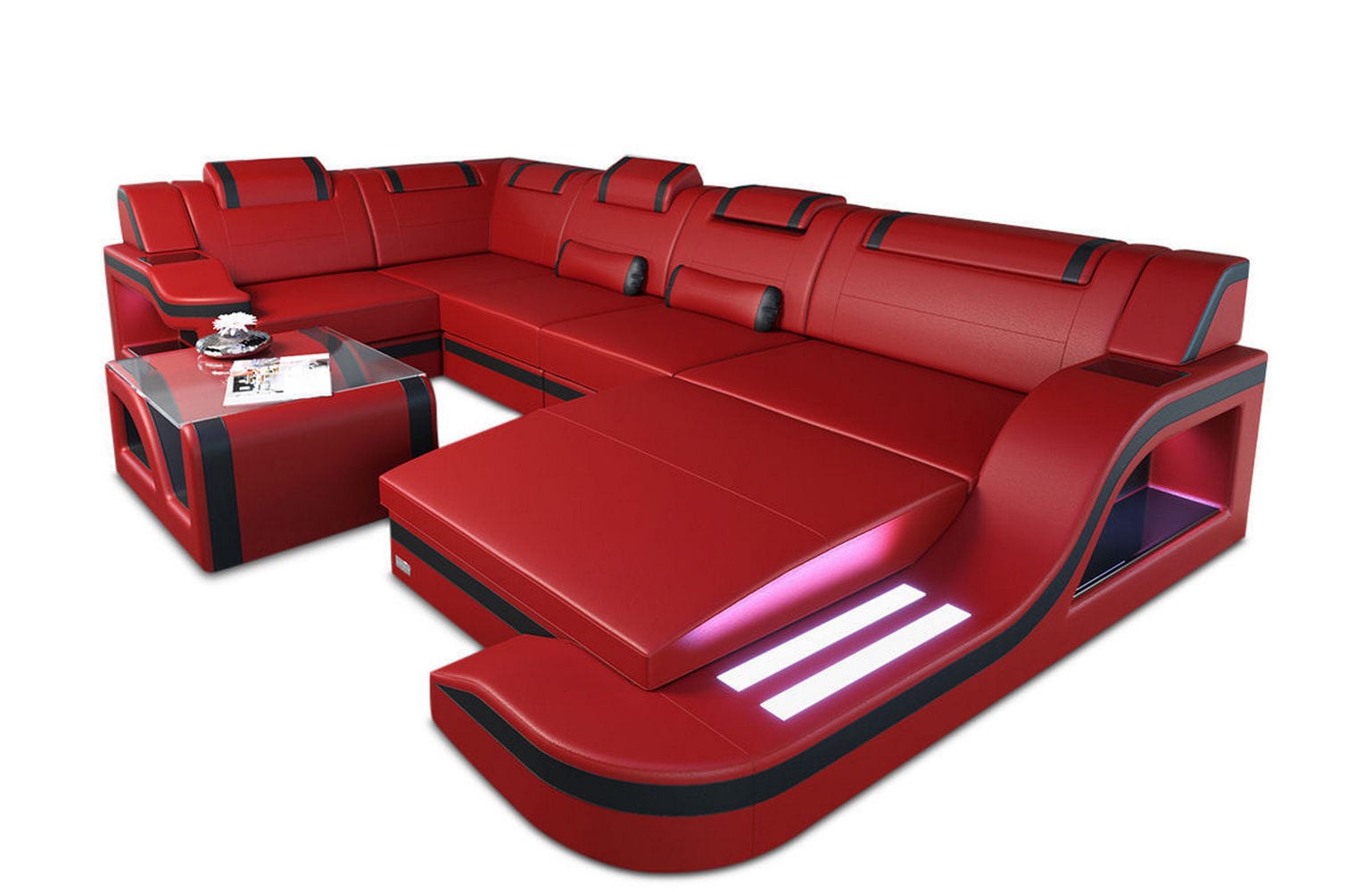 Design Wohnlandschaft Palermo U-Form mit LED rot-schwarz
