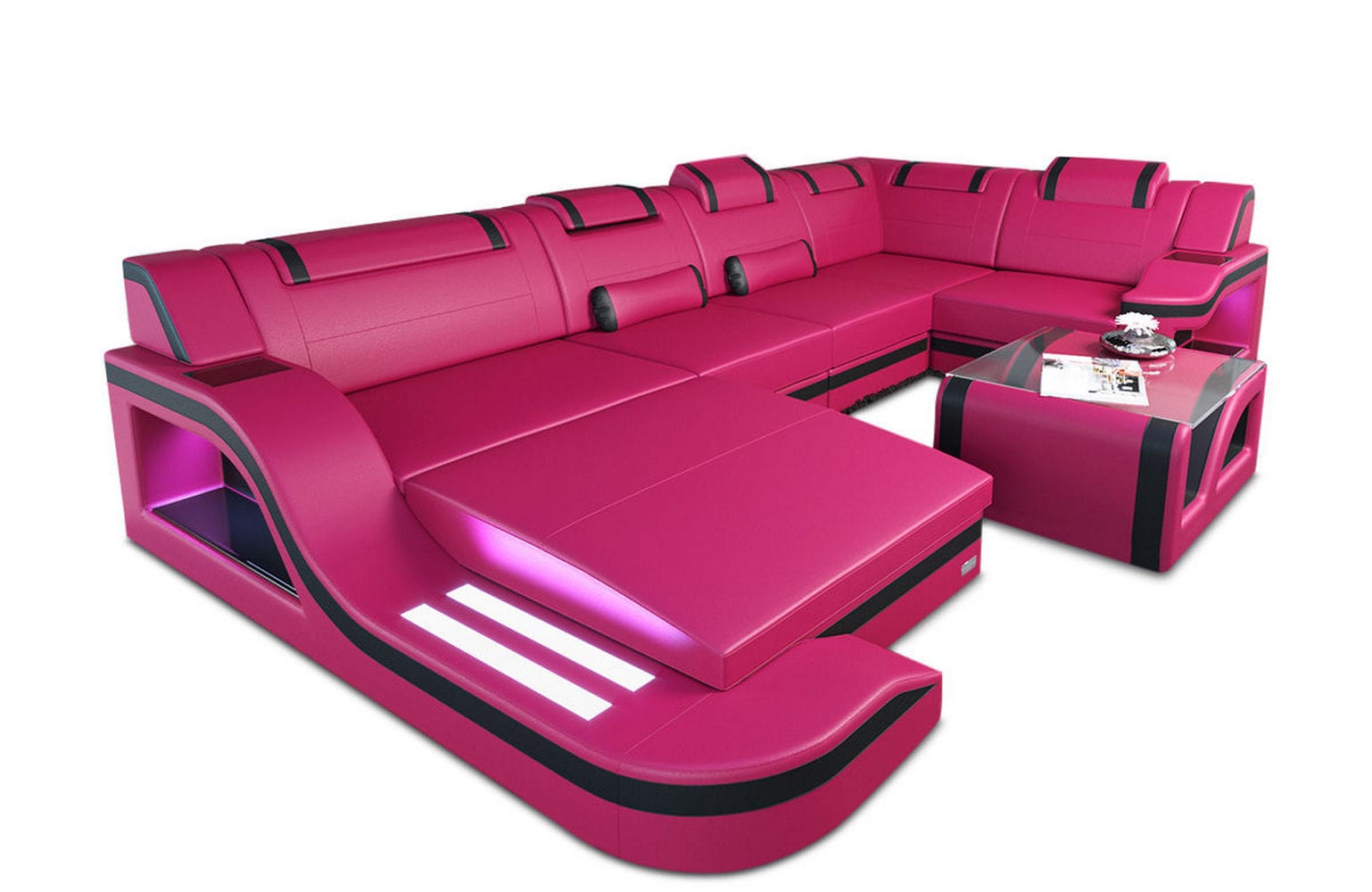 Design Wohnlandschaft Palermo U-Form mit LED pink-schwarz