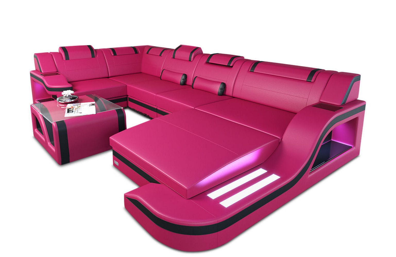 Design Wohnlandschaft Palermo U-Form mit LED pink-schwarz