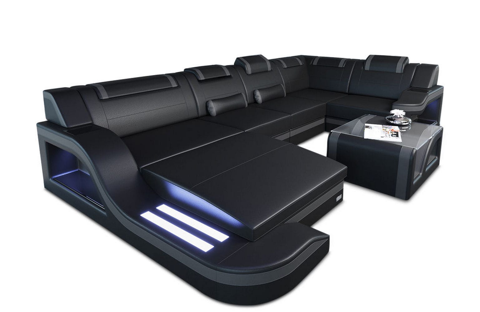 Design Wohnlandschaft Palermo U-Form mit LED schwarz-grau
