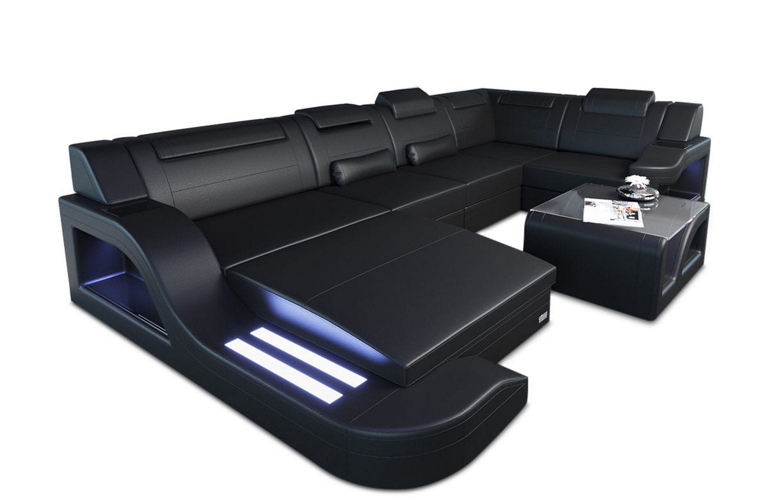 Design Wohnlandschaft Palermo U-Form mit LED schwarz