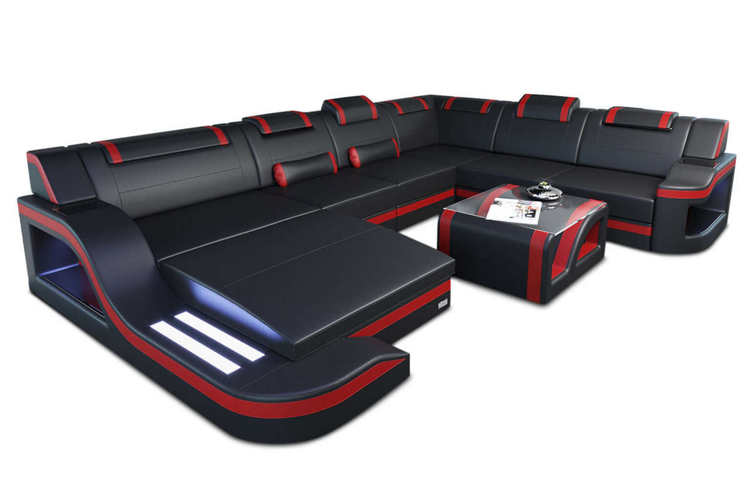 Mini XL Wohnlandschaft Palermo U-Form in Leder Schwarz-Rot