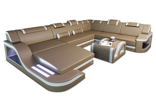 Mini XL Leder Wohnlandschaft Palermo mit LED in Kunstleder und der Farbe Sandbeige und Weiß - Ausrichtung links