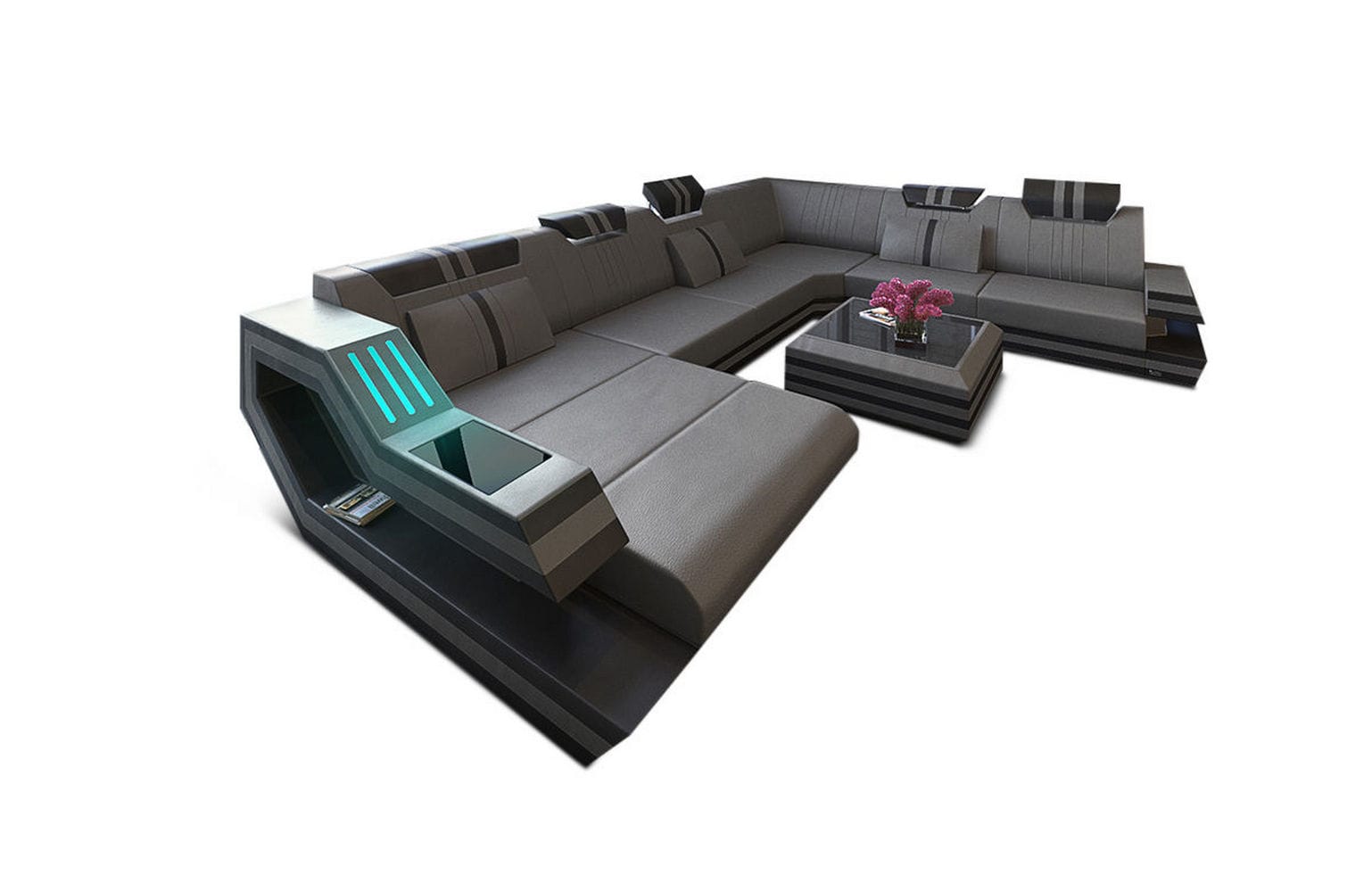 Ledersofa Wohnlandschaft Ravenna XL mit LED grau-schwarz