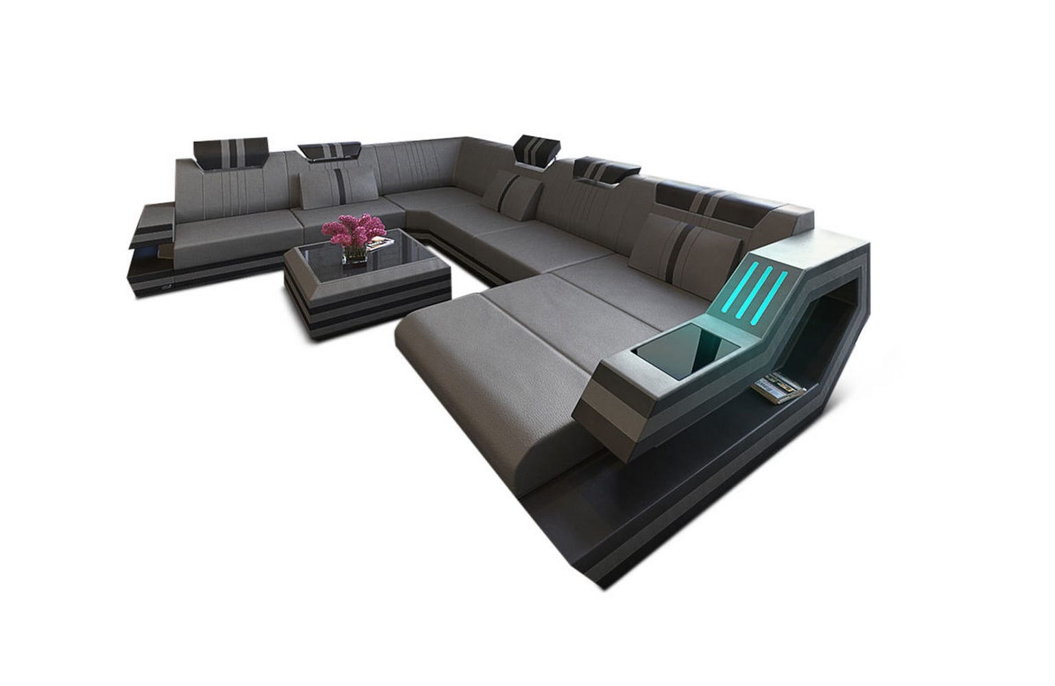 Ledersofa Wohnlandschaft Ravenna XL mit LED grau-schwarz
